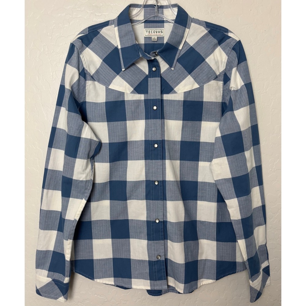 Tecovas Womens Blue White Buffalo Check Pearl‎ Snap Western Shirt L 2302